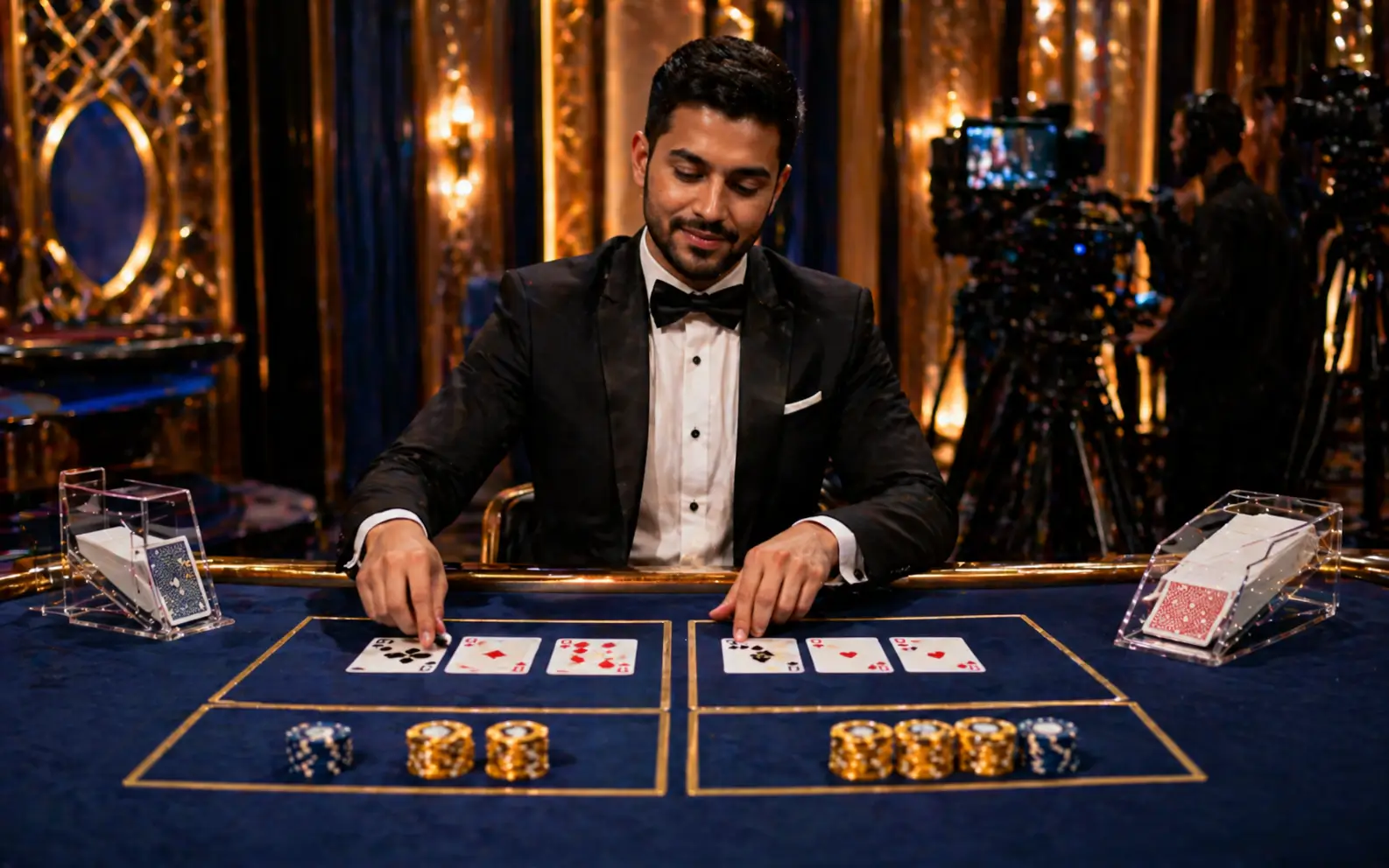 Live baccarat dealer at the casino table
