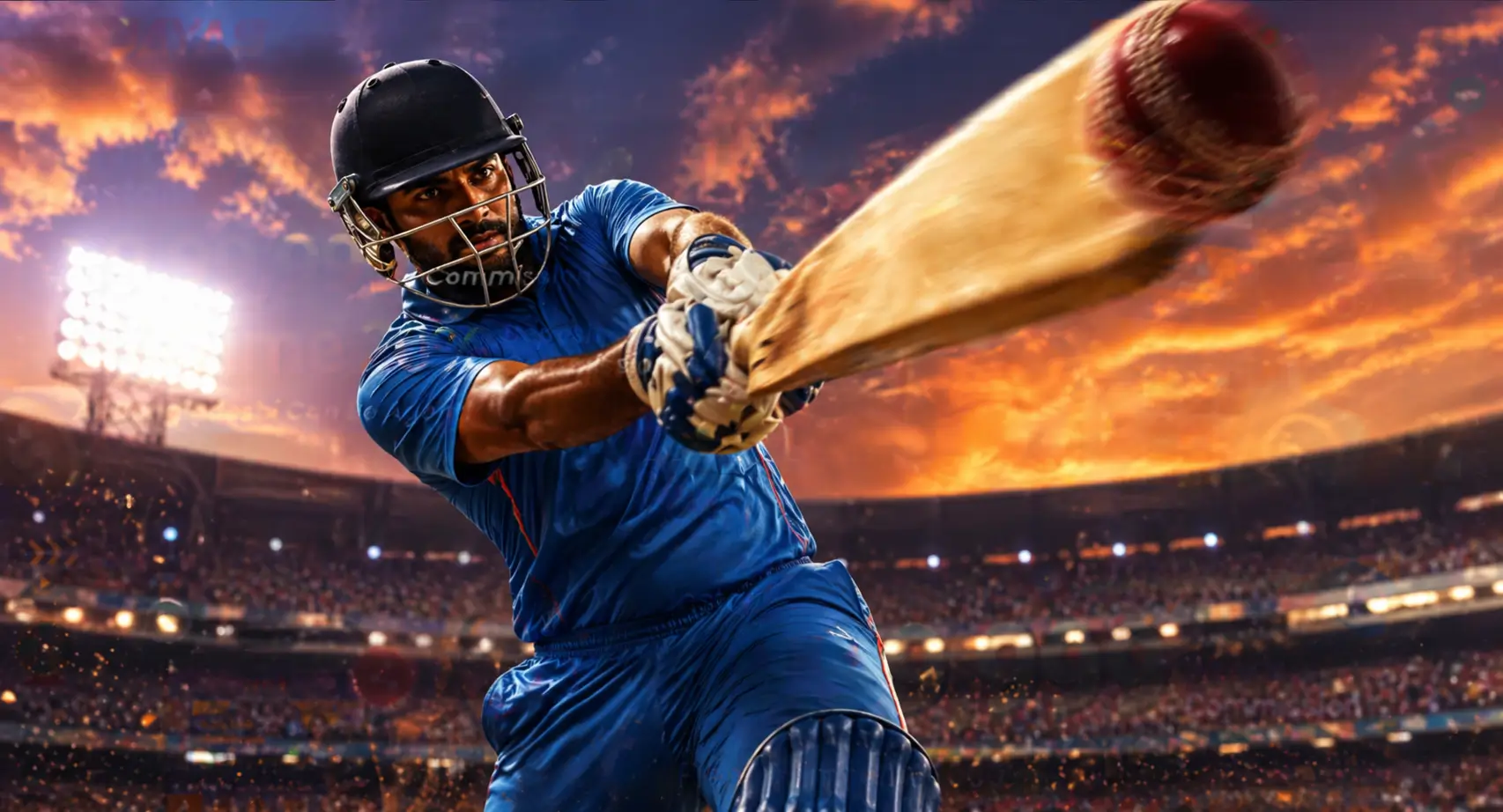 Cricket batsman in action against stadium lights